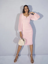 Women Pink Mesh Full Sleeve Ruched Midi Dress-SFDRSS12371