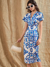 Women Blue Printed V-Neck Bodycon Dress-SFDRSS12375