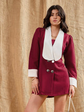 Women Maroon Contrast Collar Blazer Dress-SFDRSS12383