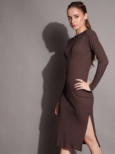 Women Brown Ribbed Side Slit Bodycon Dress-SFDRSS12389