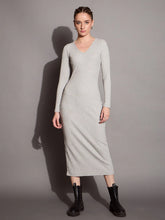 Women Grey Melange Ribbed V-Neck Full Sleeves Bodycon Dress-SFDRSS12391