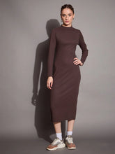 Women Brown Ribbed Back Slit Full Sleeves Bodycon Dress-SFDRSS12393