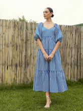 Women Blue & White Stripe V-Neck Tiered Dress-SFDRSS12400