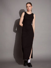 Women Black Ribbed Sleeveless Bodycon Maxi Dress-SFDRSS12404