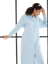 Women Blue & White Stripes Lounge Longline Shirt Dress-SFDRSS12417