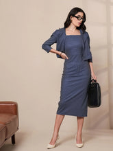 Women Navy Striped Bodycon Dress With Crop Blazer-SFDRSS12418