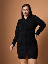 Women Black Front Button Ruched Dress-SFDRSS12454