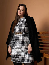 Women Black & White Houndstooth Belted Dress-SFDRSS12459
