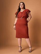 Women Rust Glitter Front Ruffle Detail Midi Dress-SFDRSS12476