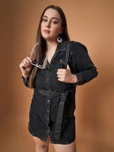 Women Black Blast Denim Front Button Shirt Dress-SFDRSS12478