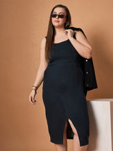 Women Black Blast Denim Front Slit Midi Dress-SFDRSS12480