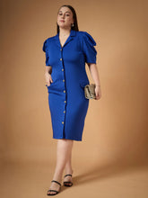 Women Royal Blue Front Button Midi Dress-SFDRSS12489