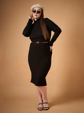 Women Black Rib High Neck Midi Dress-SFDRSS12493