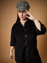 Women Black Corduroy Front Button Dress-SFDRSS12495