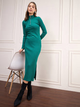 Women Bottle Green Rib High Neck Front Zipper Dress-SFDRSS12500