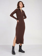 Women Dark Brown Rib High Neck Front Zipper Dress-SFDRSS12502