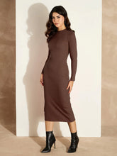 Women Dark Brown Rib Bodycon Full Sleeves Midi Dress-SFDRSS12507