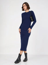 Women Navy Blue Rib Bodycon Full Sleeves Midi Dress-SFDRSS12509