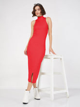 Women Red Rib Turtle Neck Sleeveless Midi Dress-SFDRSS12510