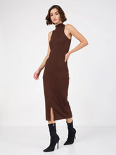 Women Dark Brown Rib Turtle Neck Sleeveless Midi Dress-SFDRSS12512