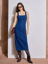 Women Navy Blue Denim Strappy Midi Dress-SFDRSS12514