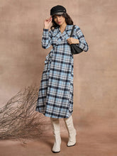 Women Blue Check Wrap Tie-Up Midi Dress-SFDRSS12519