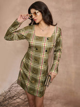 Women Green Check Front Button Short Dress-SFDRSS12520