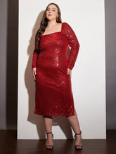 Women Red Sequence Square Neck Midi Dress-SFDRSS12536