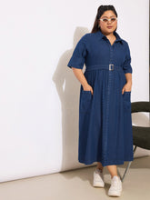 Women Navy Tencel Front Button Midi Dress-SFDRSS12650