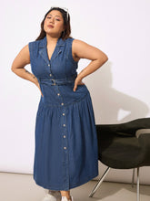 Women Navy Tencel Front Open Sleeveless Flared Dress-SFDRSS12653