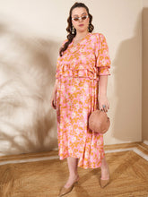 Women Pink Floral Peplum Detail Midi Dress-SFDRSS12662