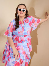 Women Blue Floral Tired Knee Length Dress-SFDRSS12664
