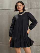 Women Black Poplin Frill Hem Short Dress-SFDRSS12684