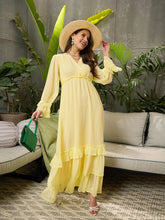 Women Yellow V-Neck Flared Maxi Dress-SFDRSS12687