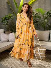 Women Yellow Floral Wrap V-Neck Maxi Dress-SFDRSS12700