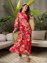 Women Red Floral Front Button Placket Maxi Dress-SFDRSS12706