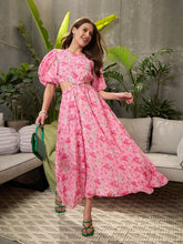 Women Pink Floral Waist Cut-Out Midi Dress-SFDRSS12718