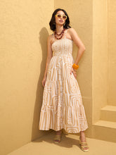 Women Beige & White Smocked Strappy Maxi Dress-SFDRSS12762