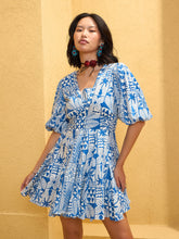 Women Blue & White Floral Smocked Short Flared Dress-SFDRSS12765