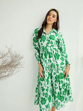 Women White & Green Floral Front-Button Midi Dress-SFDRSS12784