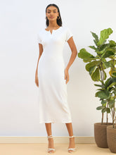 Women White Ribbed V-Neck Back Slit Midi Dress-SFDRSS12827