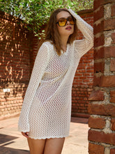 Women Off-White Crochet V-Neck Full Sleeve Short Beach Dress-SFDRSS12831