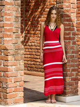 Women Red & White Crochet Variegated Stripes Strappy Beach Maxi-SFDRSS12835