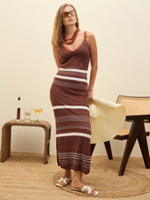 Women Brown & White Crochet Variegated Stripes Strappy Beach Maxi-SFDRSS12836