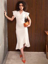 Women White V-Neck Scuba Frill Midi Dress-SFDRSS12848