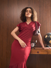 Women Maroon V-Neck Scuba Frill Midi Dress-SFDRSS12849