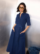Women Navy Blue Denim Belted Maxi Dress-SFDRSS12854