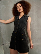 Women Black Washed Denim Notch Collar Short Dress-SFDRSS12861