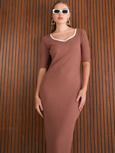 Women Brown Rib Sweatheart Contrast Neck Midi Dress-SFDRSS12887