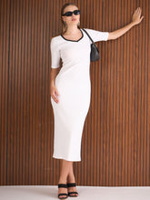 Women White Rib Sweatheart Contrast Neck Midi Dress-SFDRSS12888
